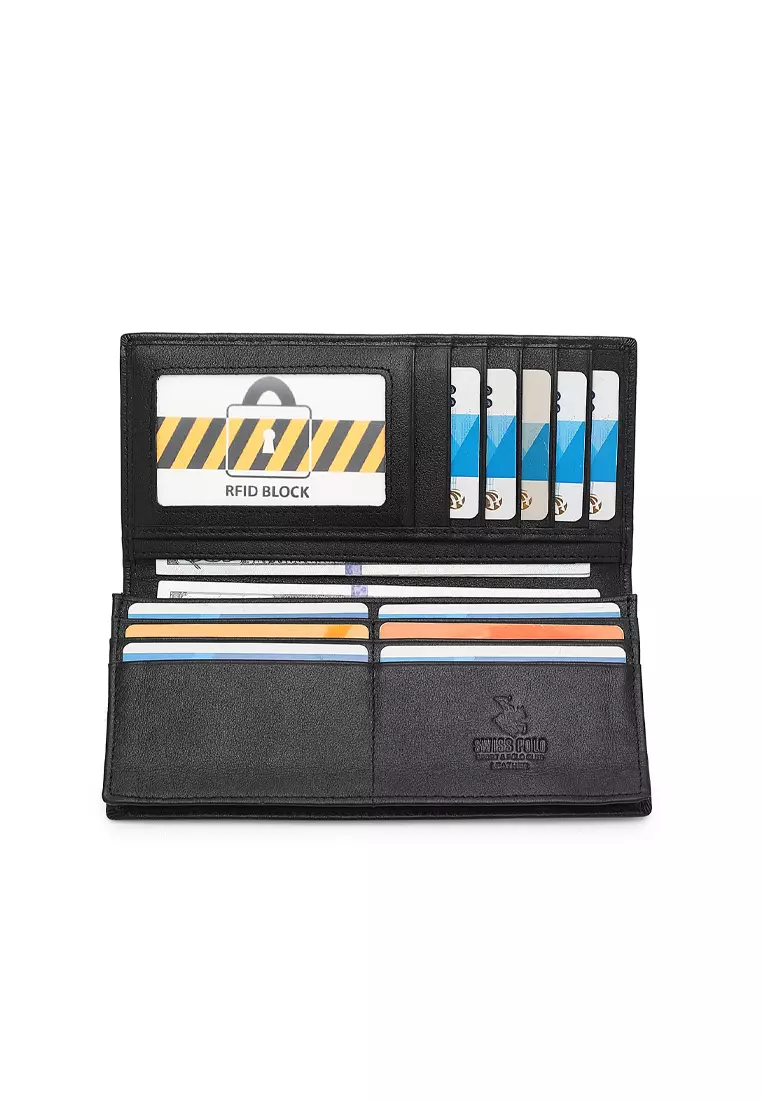 Men's Genuine Leather RFID Blocking Fortune Long Wallet - Black
