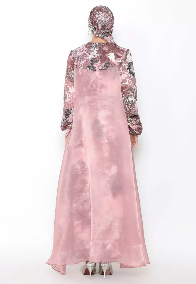 Rinjanie x Senorita  - Gamis Rosslen Dusty Pink - Gamis Set Scarf Raya - Gamis Set - Gamis Printing Mix Organza - Dress Raya - Dress mix organza - GMKY - PK