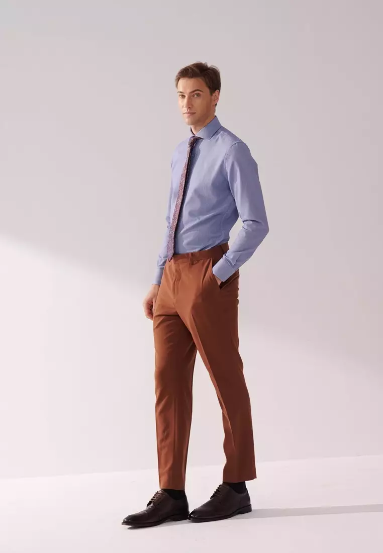 Blue and White Textured Slim Fit Shirt