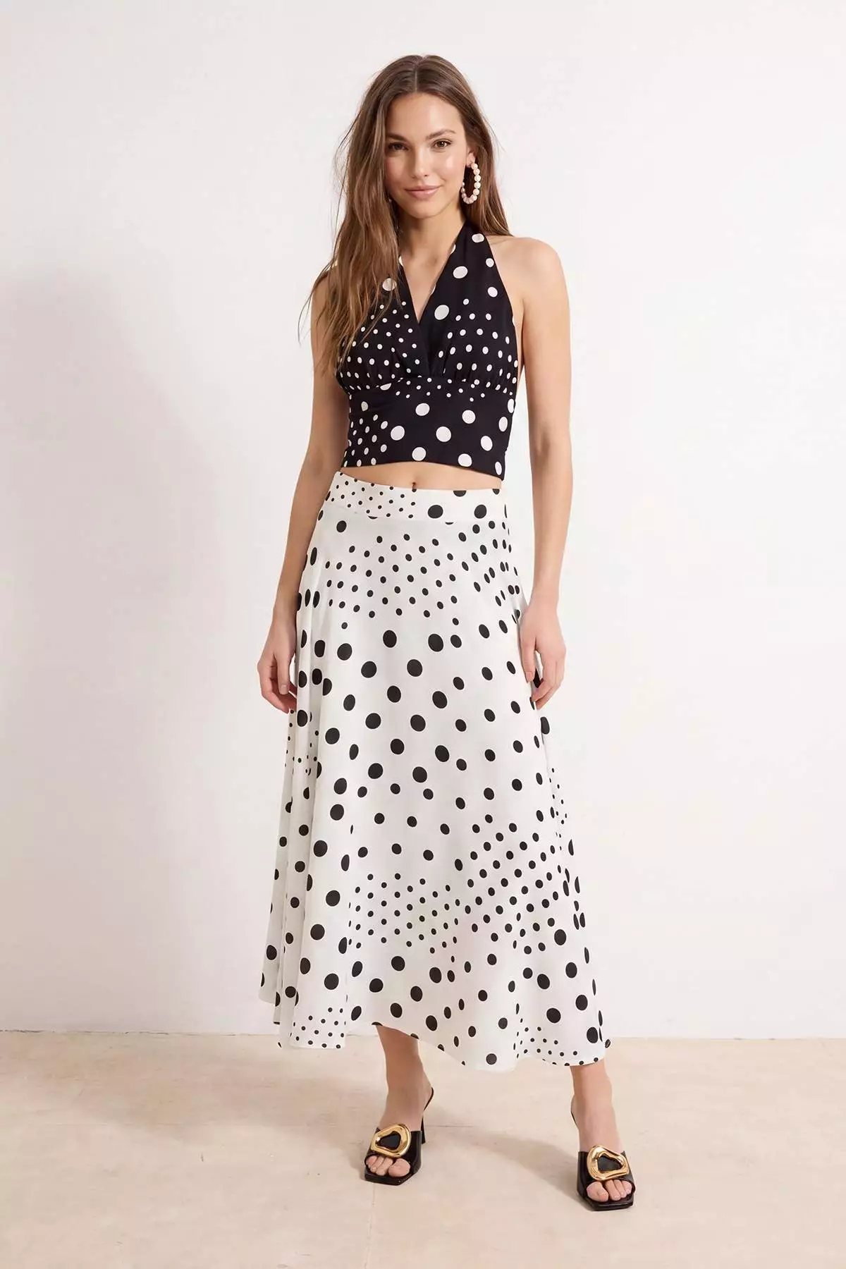 White Black Polka Dot Midi Flared Viscose Skirt Twoss26Et19