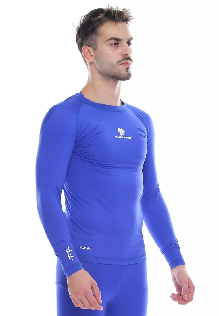 Tiento Man Baselayer Baju Ketat Manset Olahraga Pria Long Sleeve Blue Rashguard Sport Original