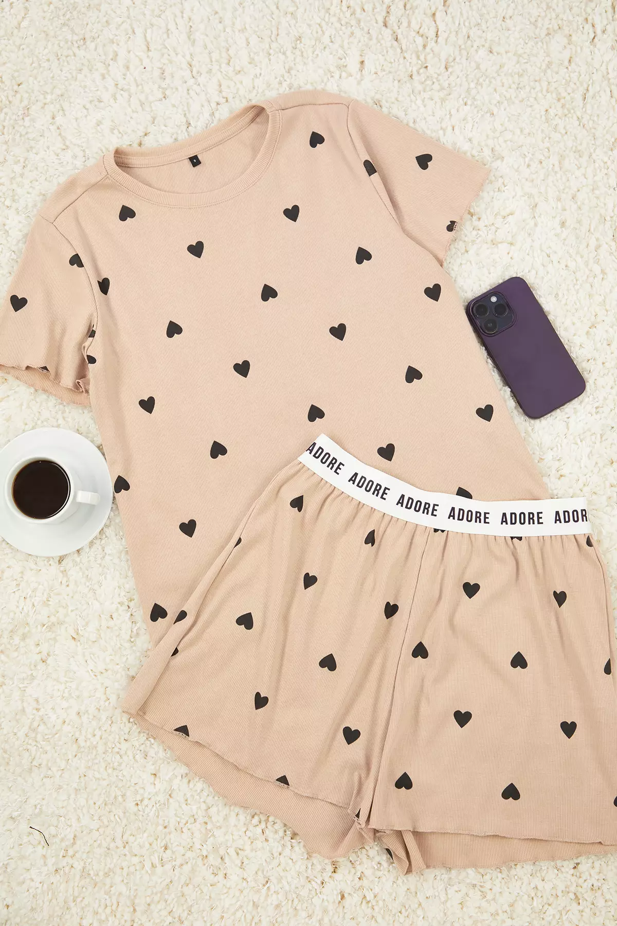 Beige Heart Slogan Printed Elastic Ribbed Shorts Knitted Pajama Set THMSS24PT00220