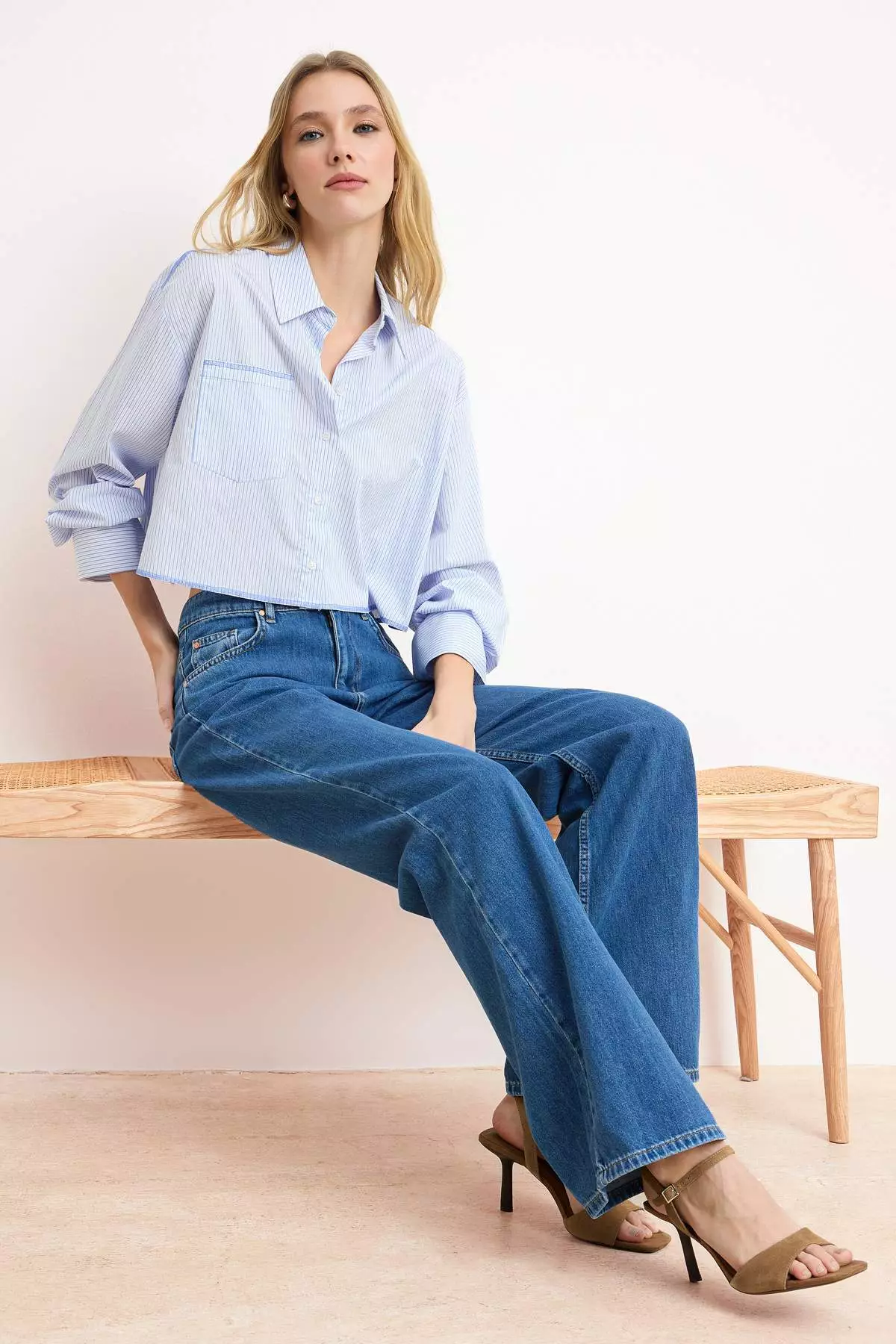 Blue Drafted High Waist Seasonal 1% Cotton Long Length Wi Wide Leg Eans Twoss26Je127