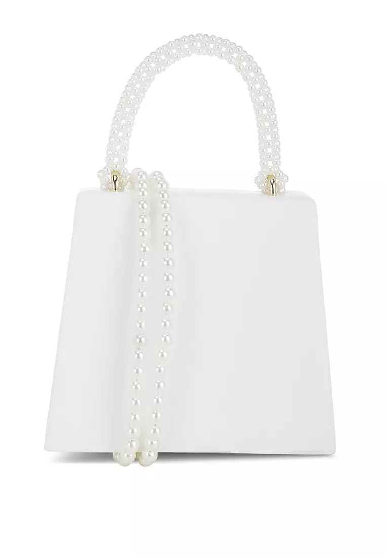 Tas Bros Berlian Imitasi dengan Pegangan Atas Mutiara Warna Putih