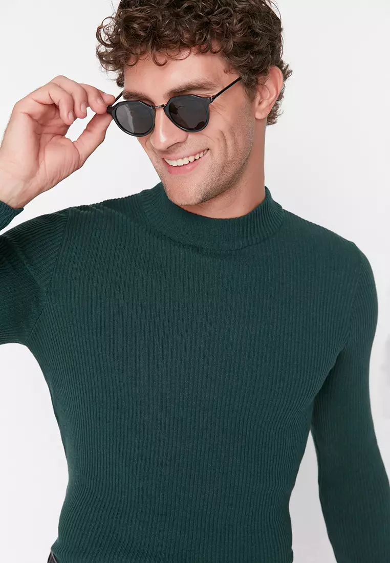 Slim Fit Buttoned Polo Neck Corduroy Knitted Sweater