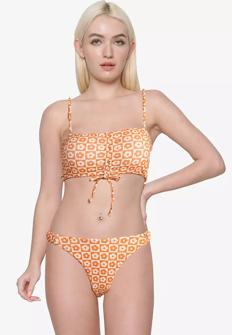 Bright Orange Cheetah Bikini Set Ruched Bikini Two Piece -  Singapore