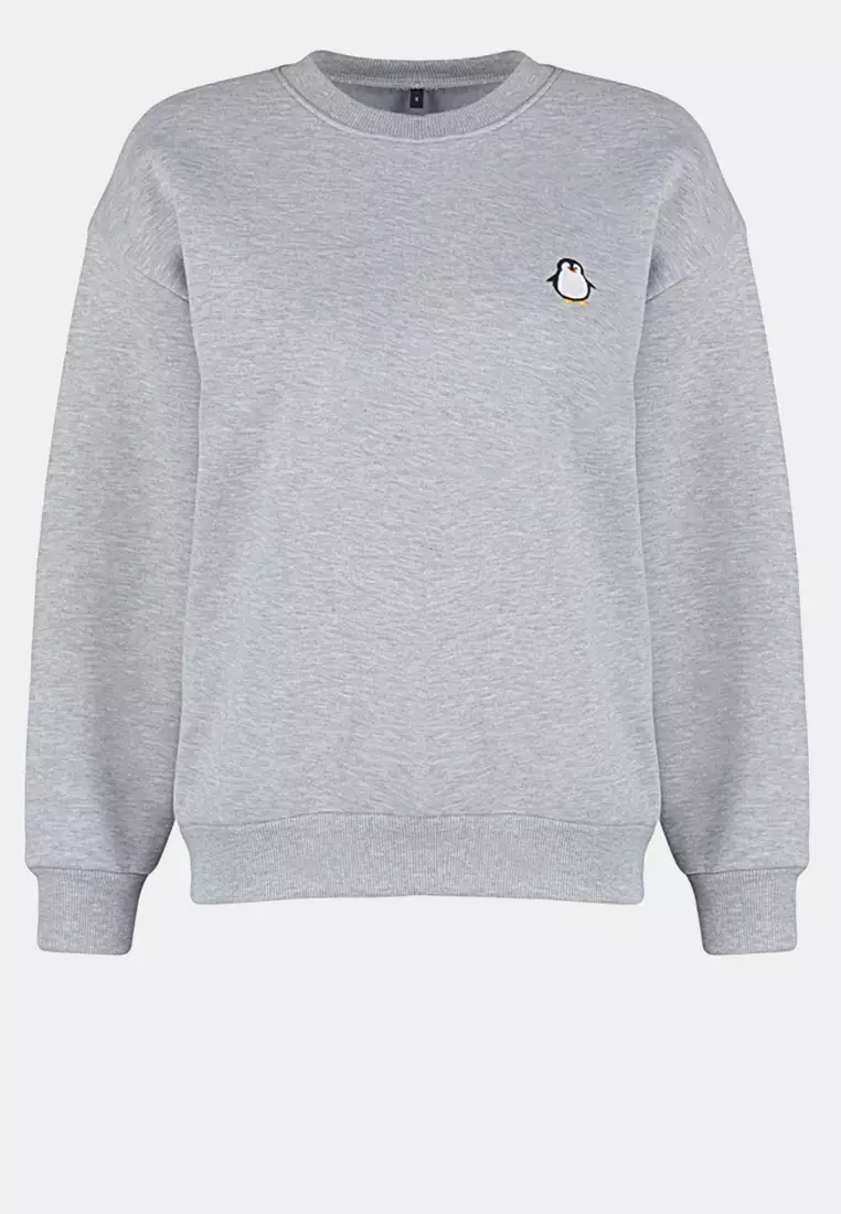 Grey Embroidered Regular Fit Thick Fleece Inside Sweatshirt