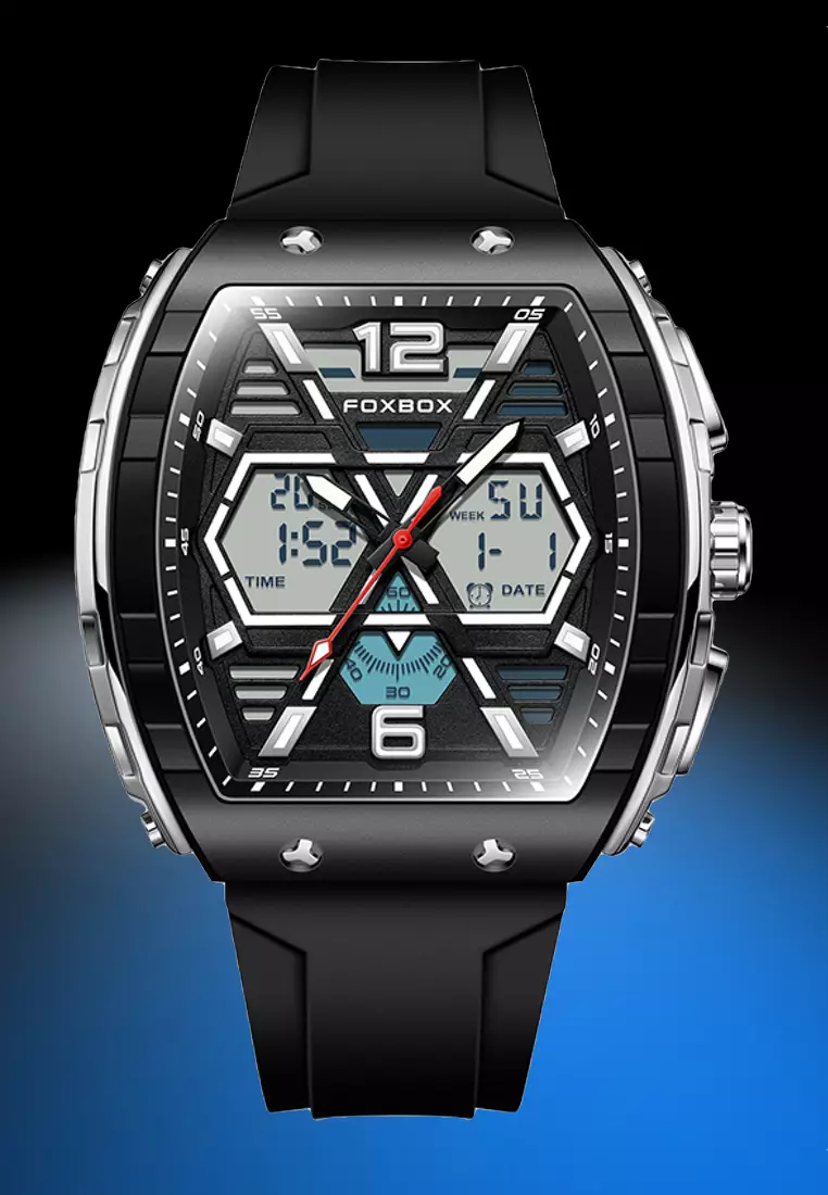FOXBOX Chronograph Unisex Silver Color Metal Alloy Quartz Watch, 50x48mm, Black Dial, Black Rubber Strap