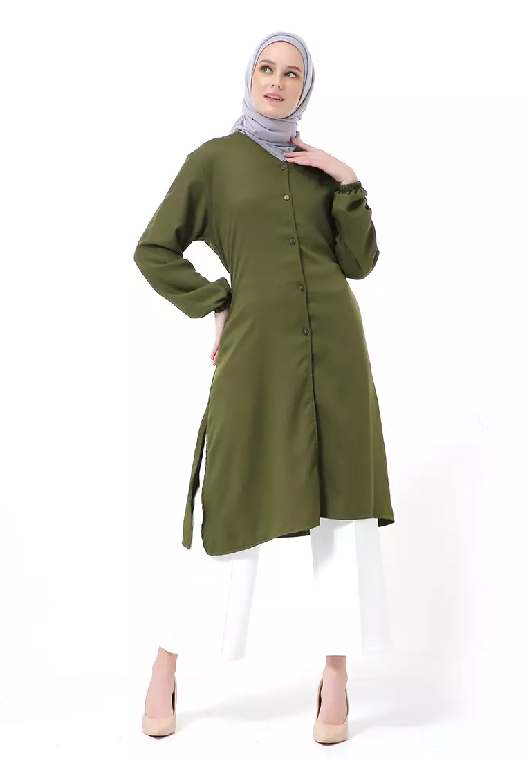 Indira Long Tunik Muslimah Atasan Wanita Long Sleeve Casual Premium Quality - Army