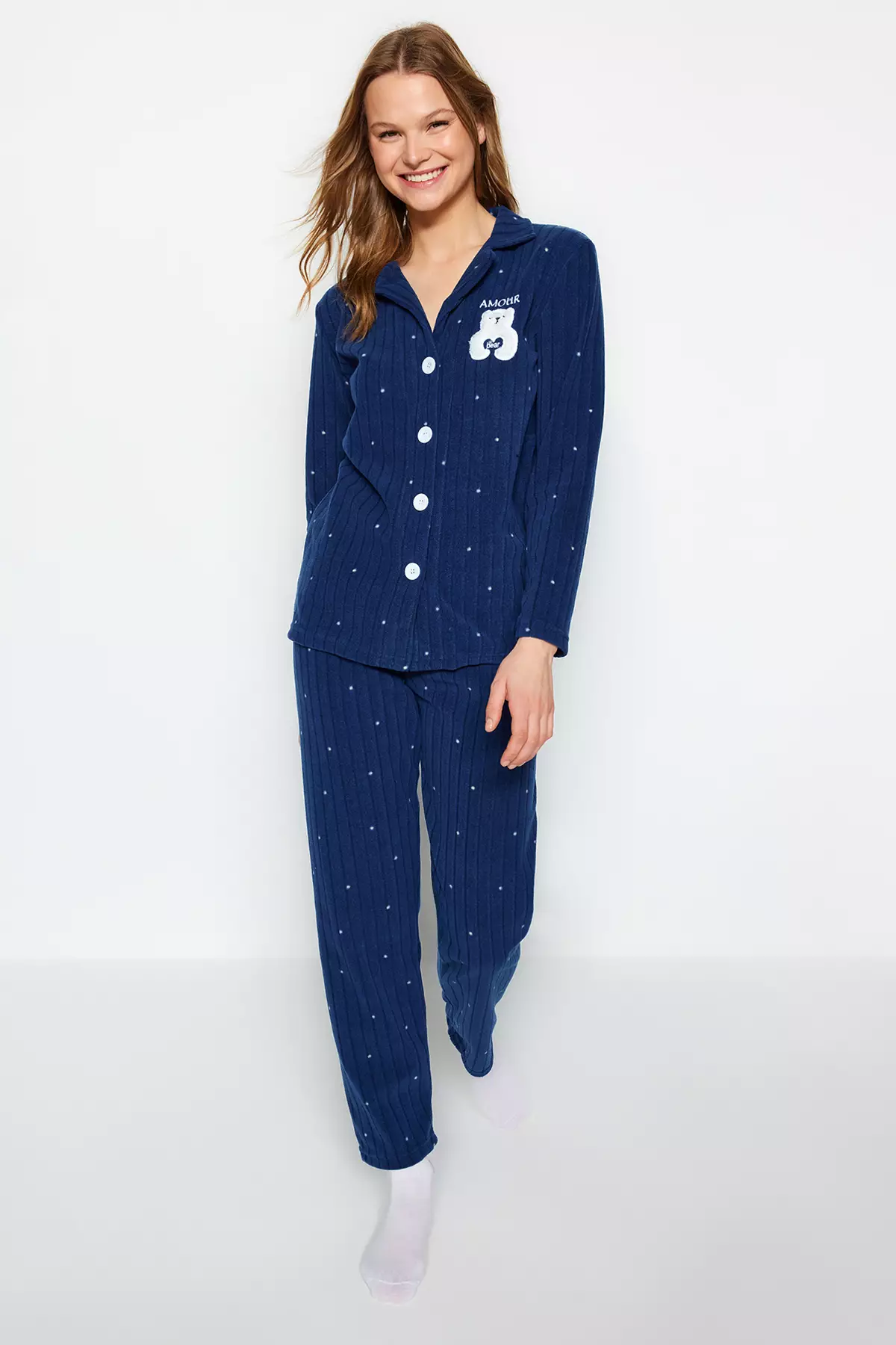 Animal Printed Navy Blue Fleece Pajamas Set
