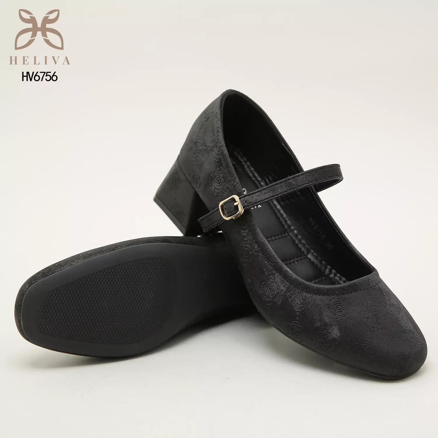 Heliva Kimmy Marry Jane Shoes Heels Chunky Embossed Flower Sol 5cm