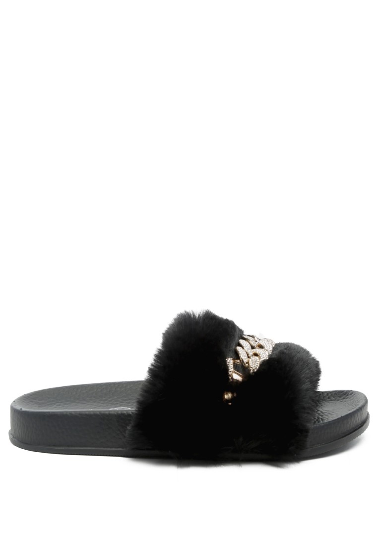 Metal Chain Detail Fur Slides in Black