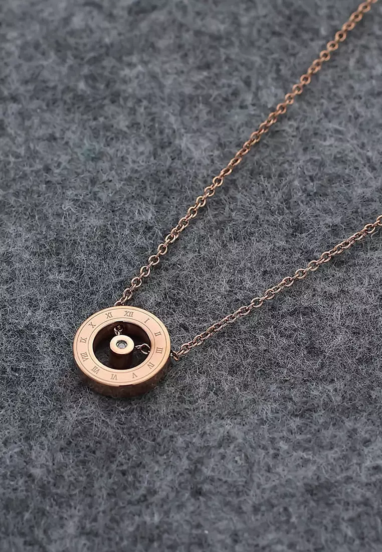 Roman Numerals Halo Pendant Necklace in Rose Gold Plated Titanium with Genuine 0.005ct Diamond