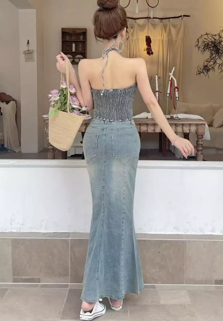 Denim overalls top and fitted skirt sexy set CA26033031BL