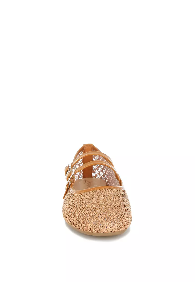 Pin Buckle Strapped Ballerinas In Tan
