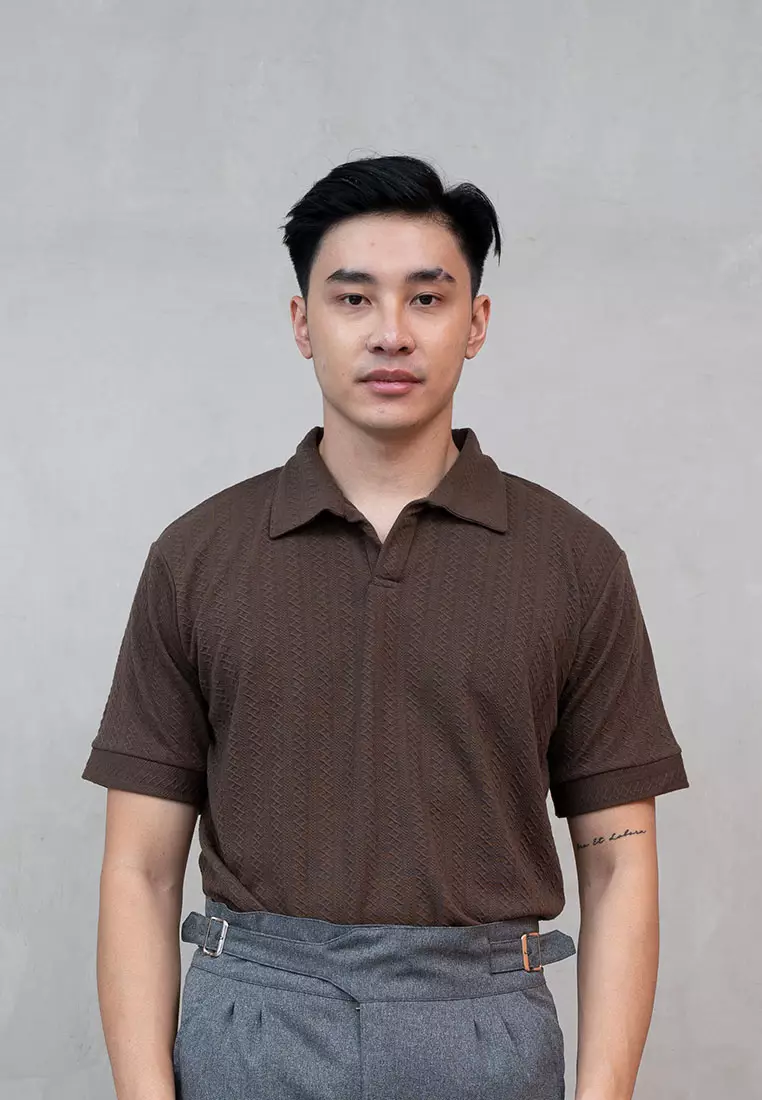 Houseofcuff Polo Shirt Rajut Stretch Lengan Pendek Pria Coklat Taupe