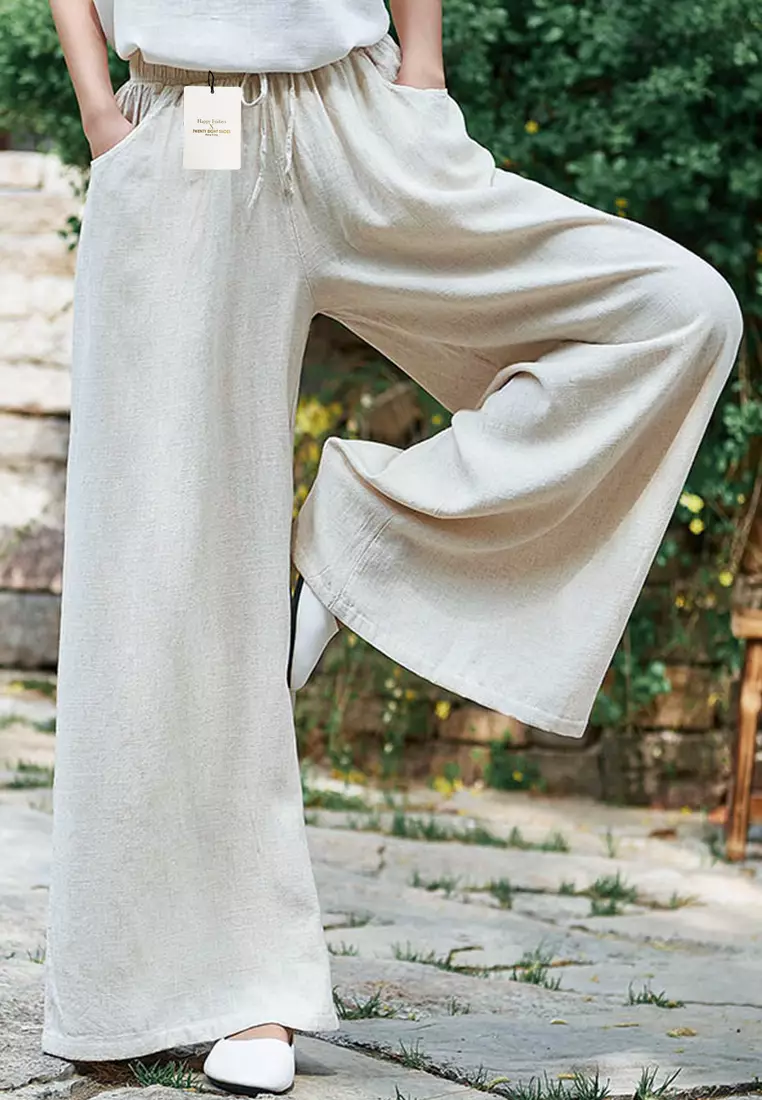 Drawstring Waist Linen Wide-leg Pants BXF2363