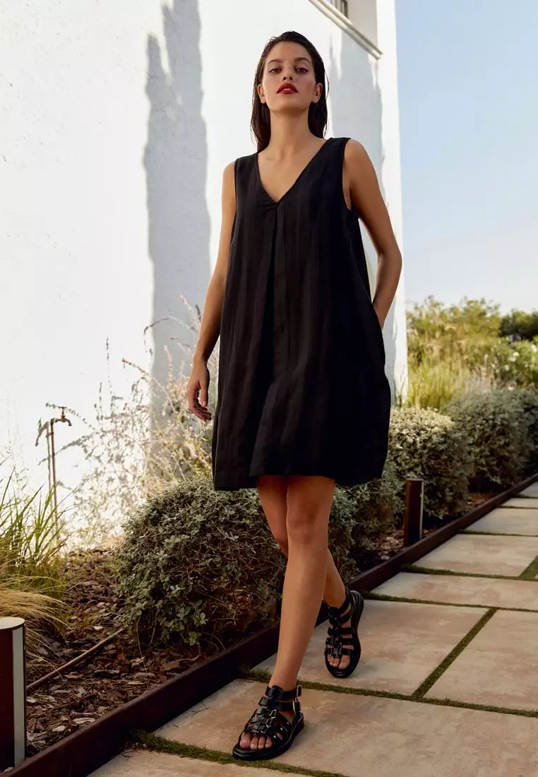 Linen Blend V-Neck Mini Dress