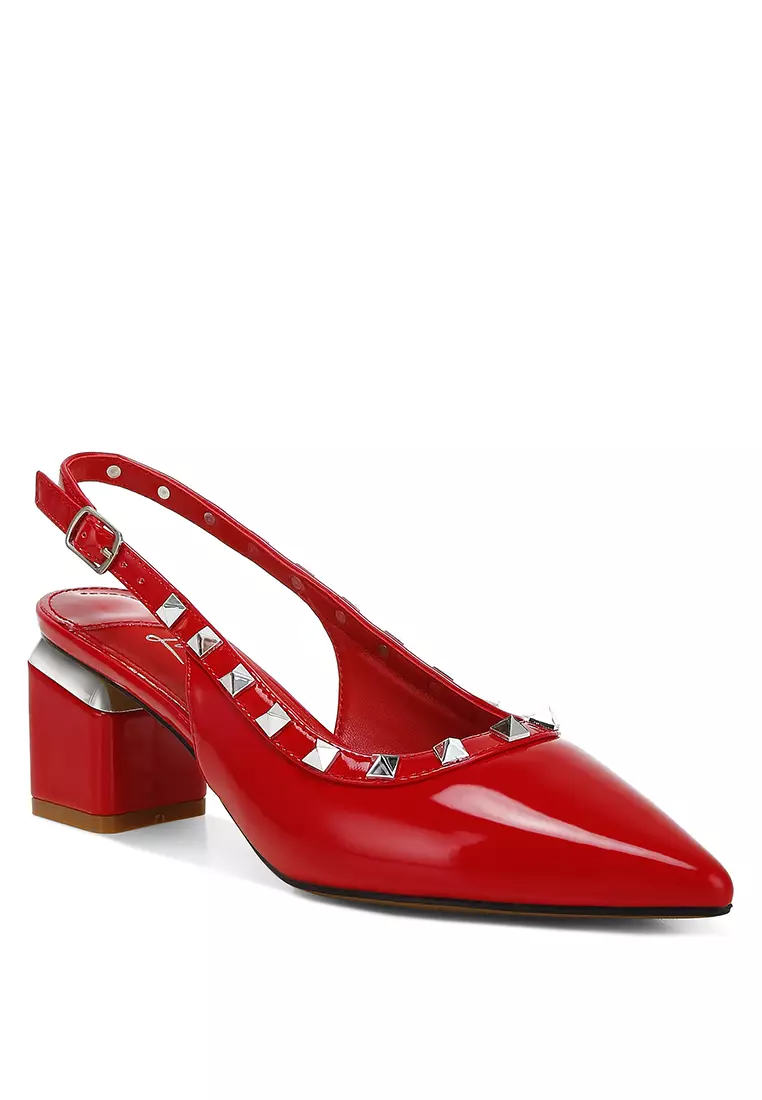 Stud Embellished Slingback Sandals in Red