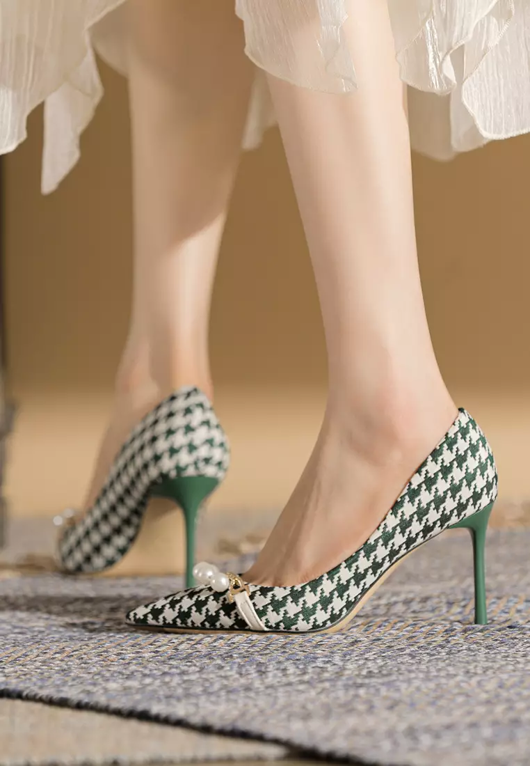 8.5CM Pearl Chain Pointy Plaid Pumps TE7198-7