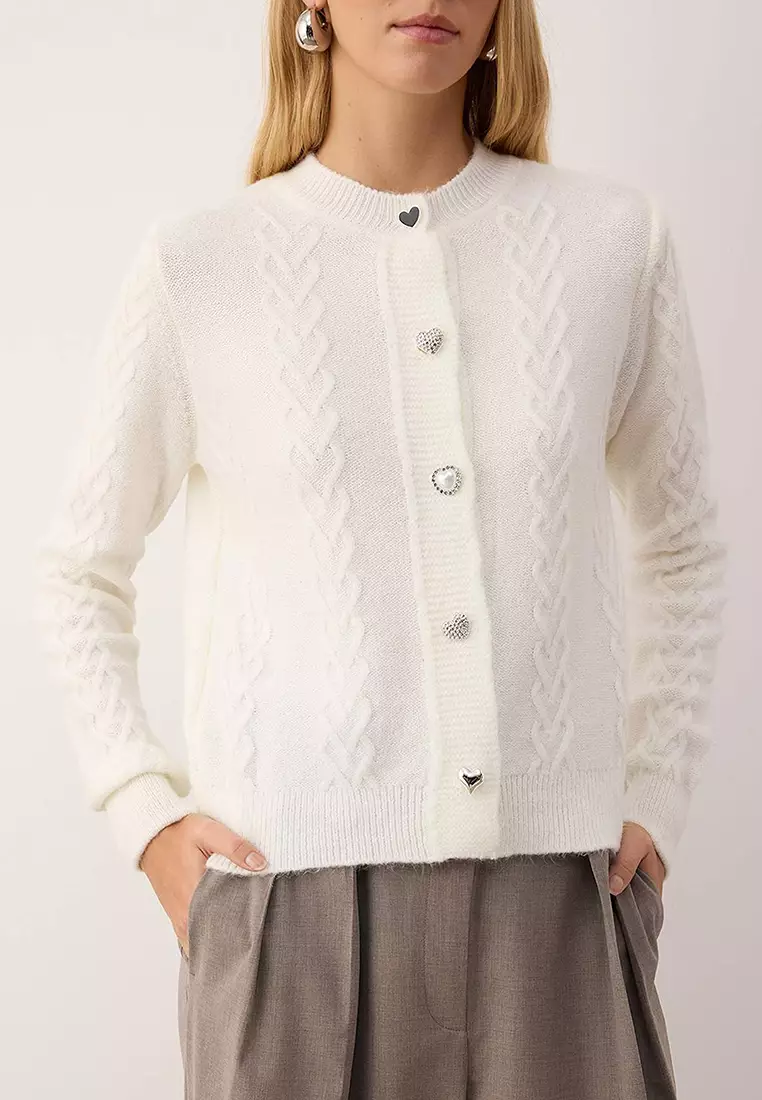 Ecru Knit Button Detailed Soft Textured Knitwear Cardigan