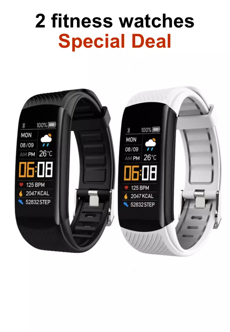 2 Unisex IOS/Android IP Black Waterproof Fitness SmartWatches, Heart Rate Monitoring, Weather, Clock - One all black / One Black and White