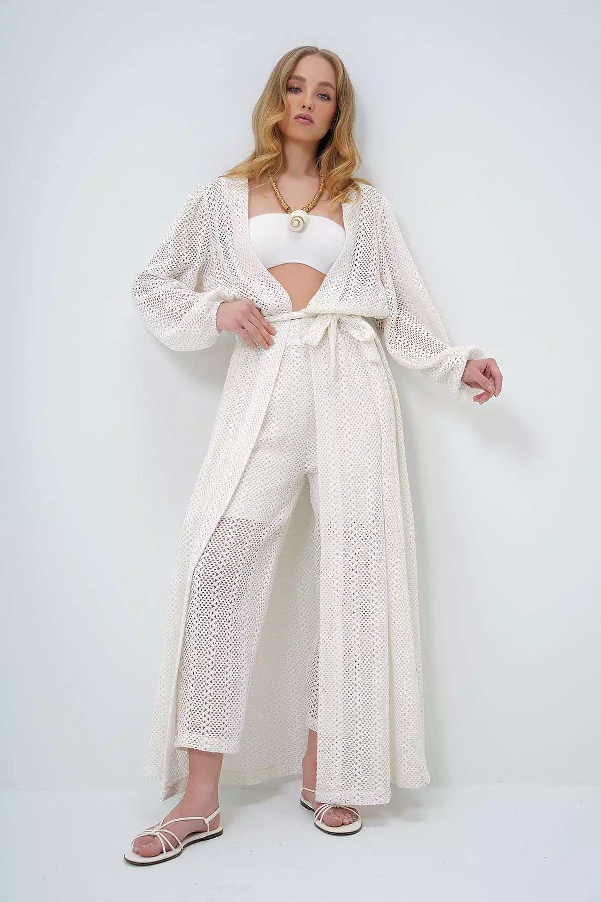 Women's Ecru Self-Textured Openwork Long Trouser Kimono Set