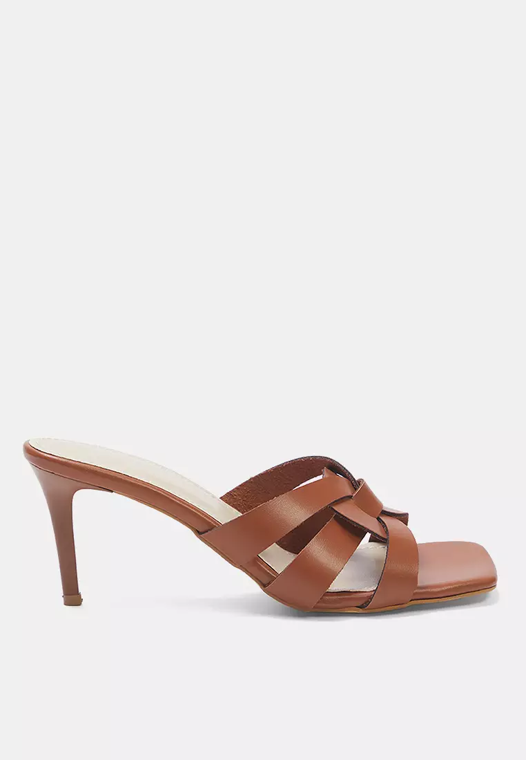 Tan Square Toe Women Thin Heels Slippers Takss25To00083