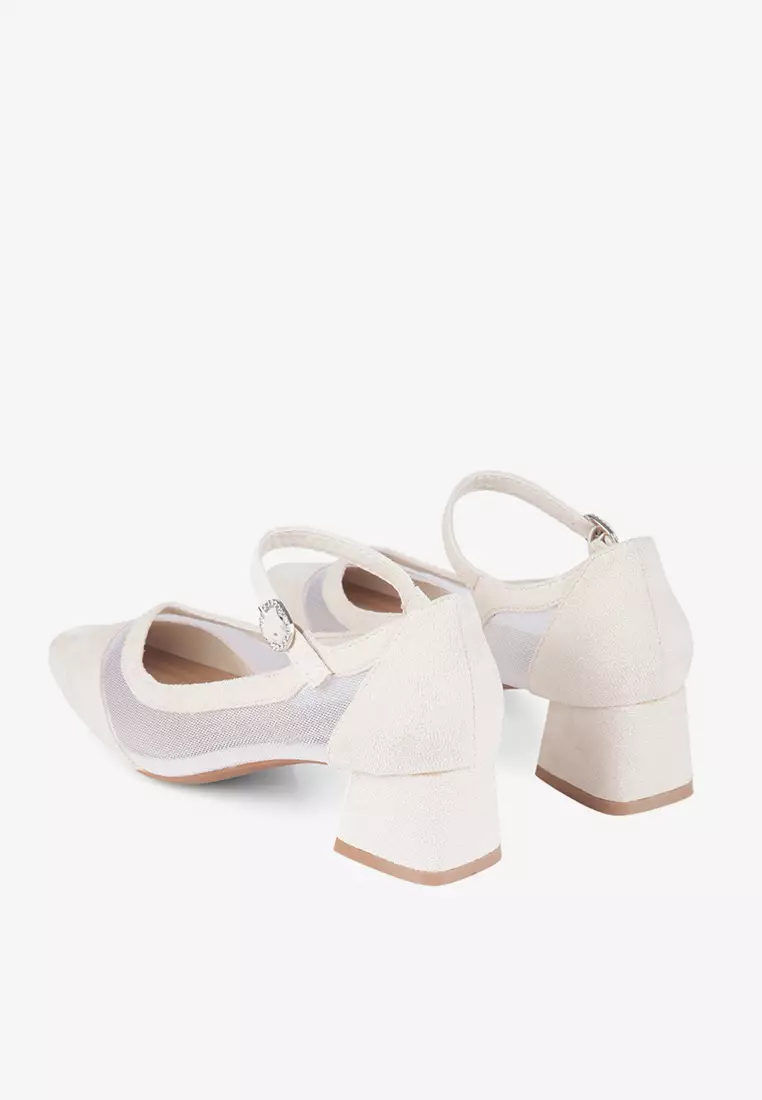 Elora Transparent Mesh Suede Block Heels Mary Jane in Beige
