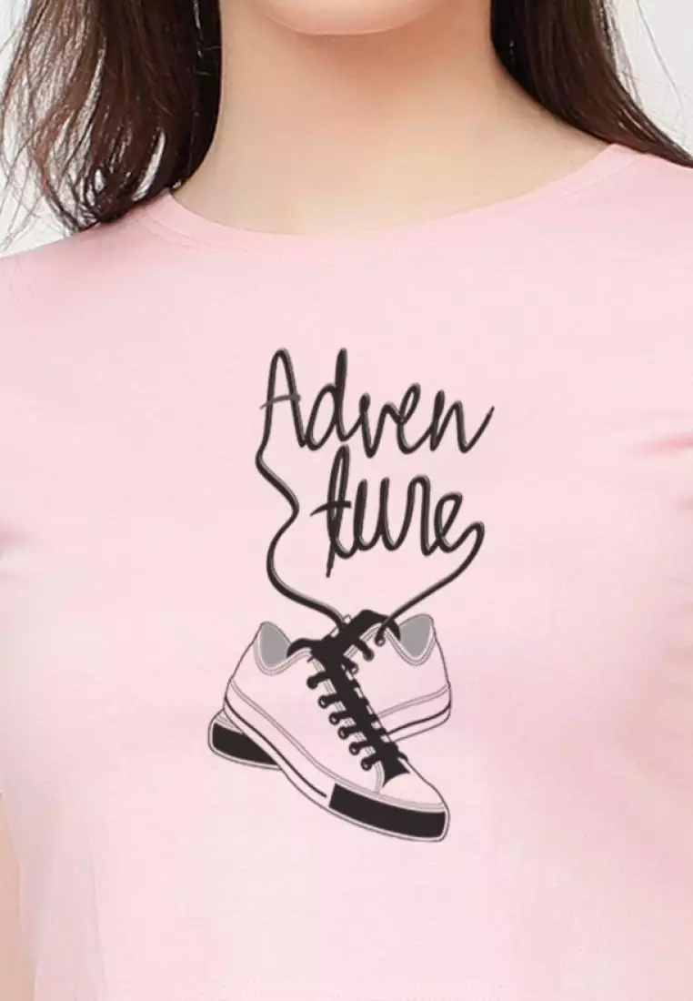 Adventure Graphic Relaxed Short Sleeve Stylish Pink Cotton  Casual Graphic Print Tee/TShirt