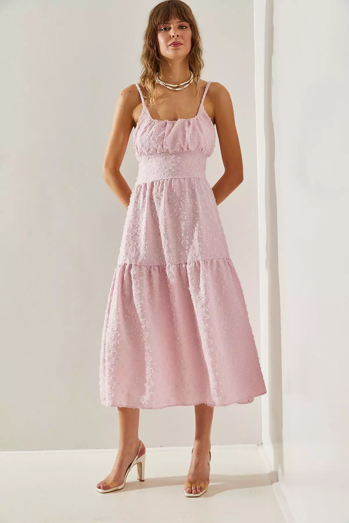 Women's Thin Printed Strap Layered Woven 5616 Dress 60251366