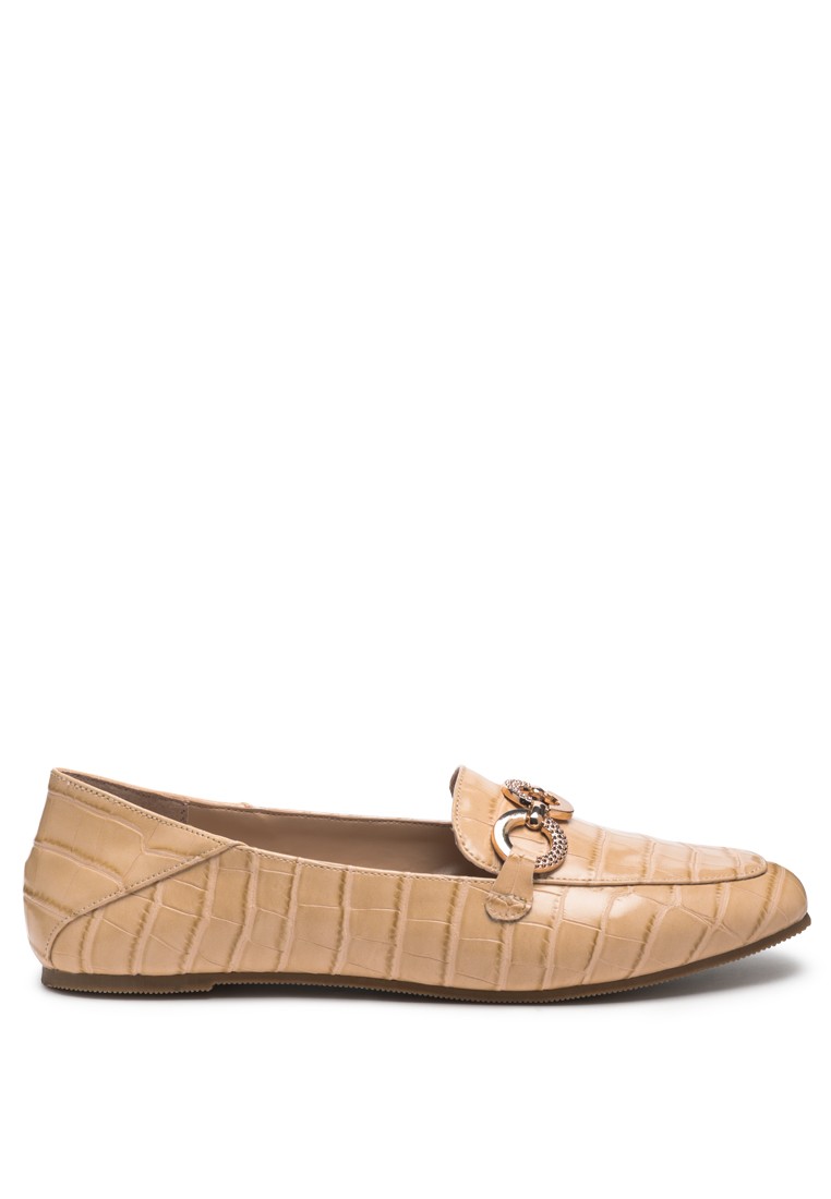 Croc Textured Metal Show Detail Loafers in Beige