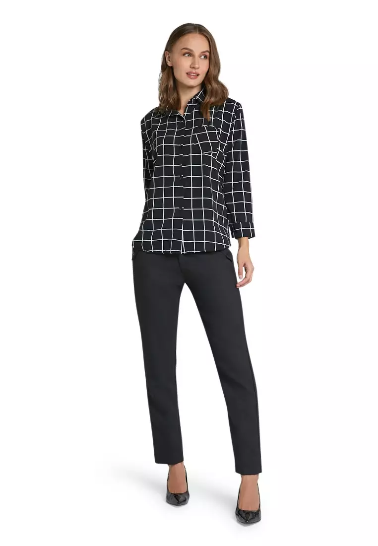 Osvald Blouse Long Sleeve Motif Kotak-Kotak Atasan Baju Wanita Casual - Hitam