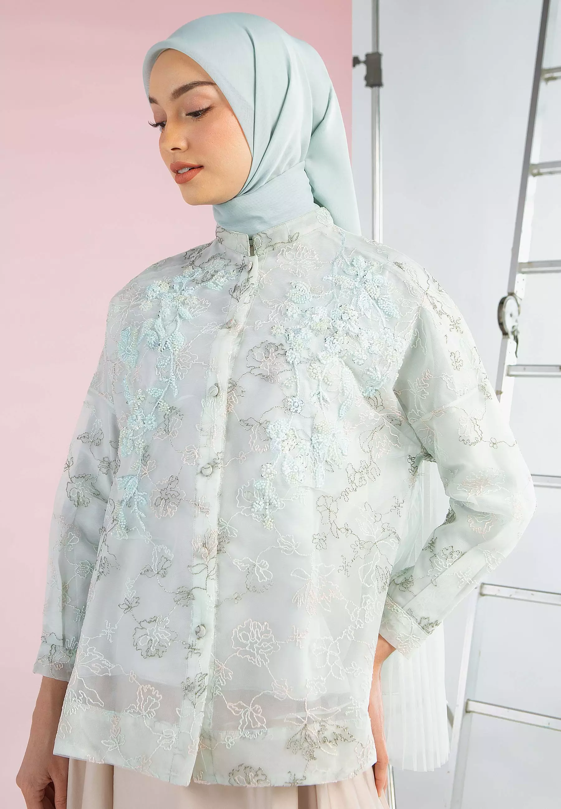 HijabChic Moa Mint Top - Baju Lebaran Elegan Brukat Payet Bunga Premium Pleats Belakang Cantik