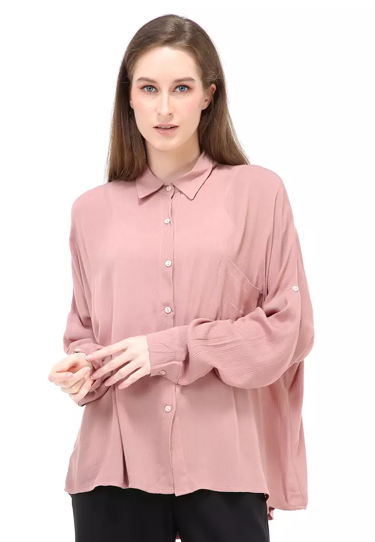 Laura Kemeja Long Sleeves Wanita Motif Polos Atasan Wanita Casual - Mauve