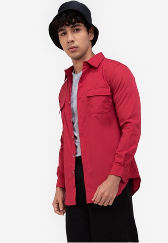 ZALORA BASICS red Flap Pocket Long Sleeve Shirt 6A7C2AAD950ABAGS_1