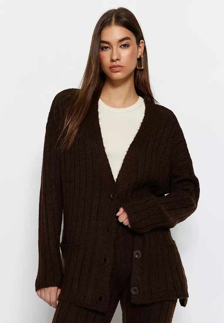 Brown Wide fit Soft Textured Knitwear Top-Top Set TWOAW22AU0128