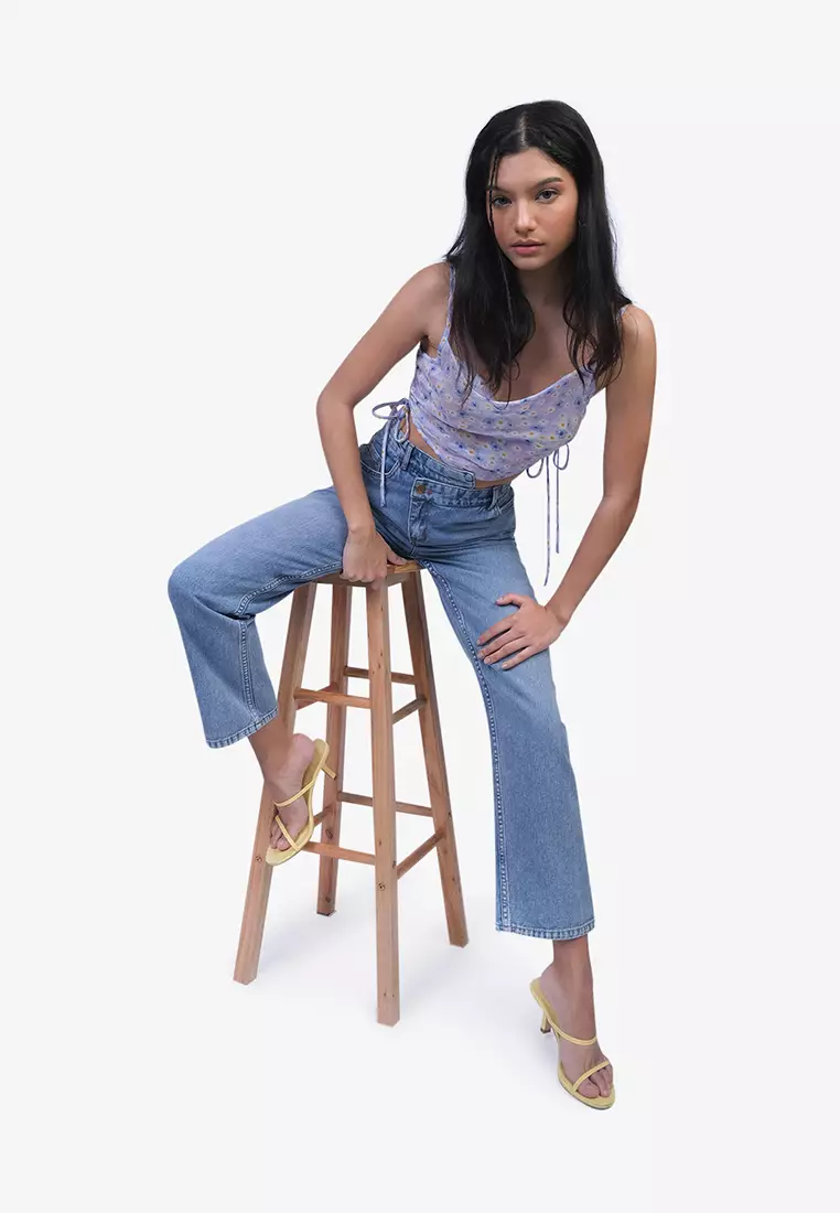 Daisy Print Cowl Neck Crop Top