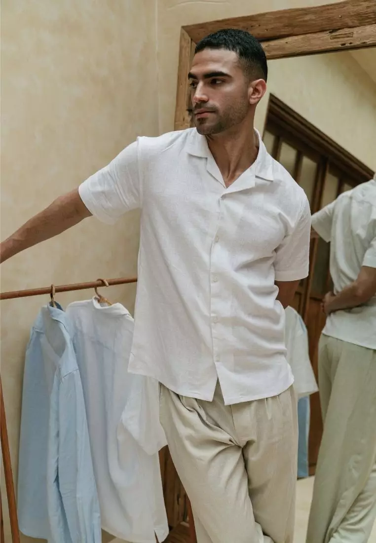 Lahaina Kemeja Linen Lengan Pendek Pria Putih | Linen Short Sleeve Shirt Men White