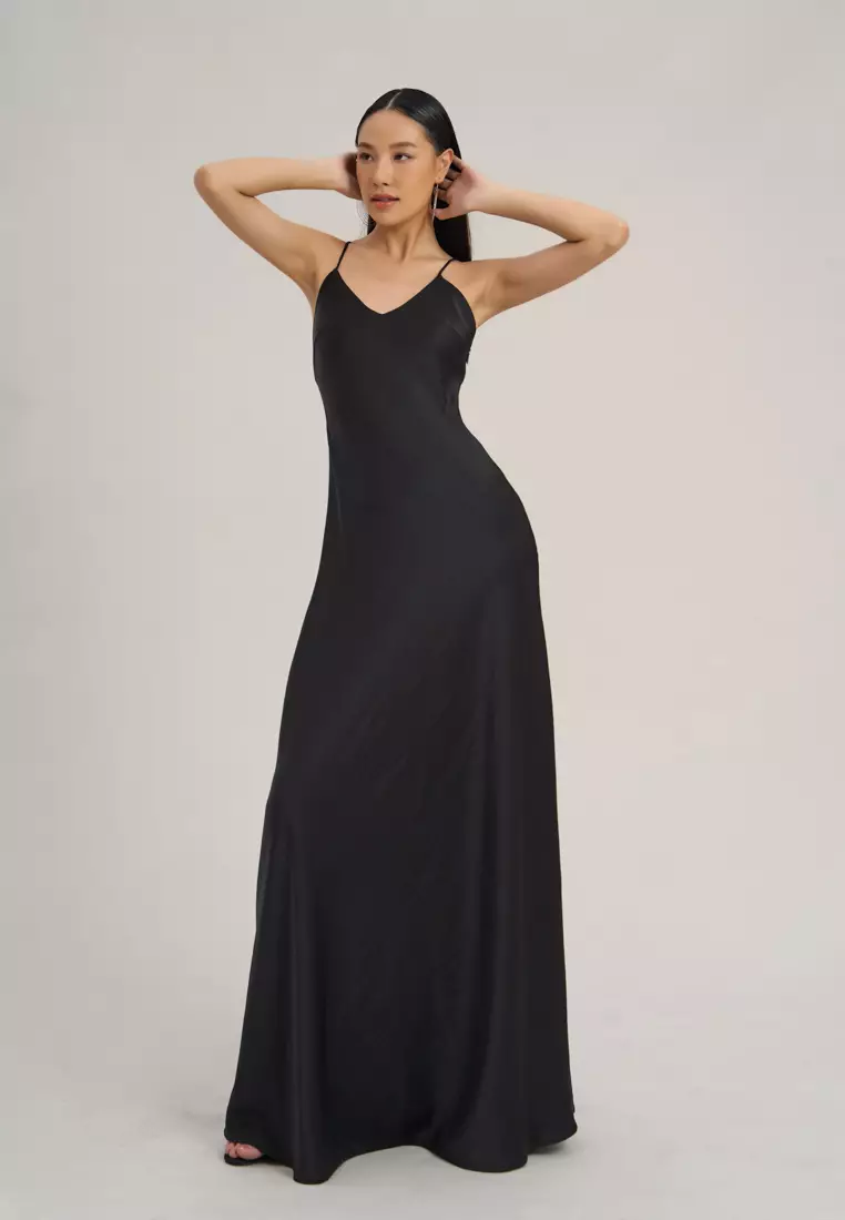 Solid Black Silk Maxi Dress