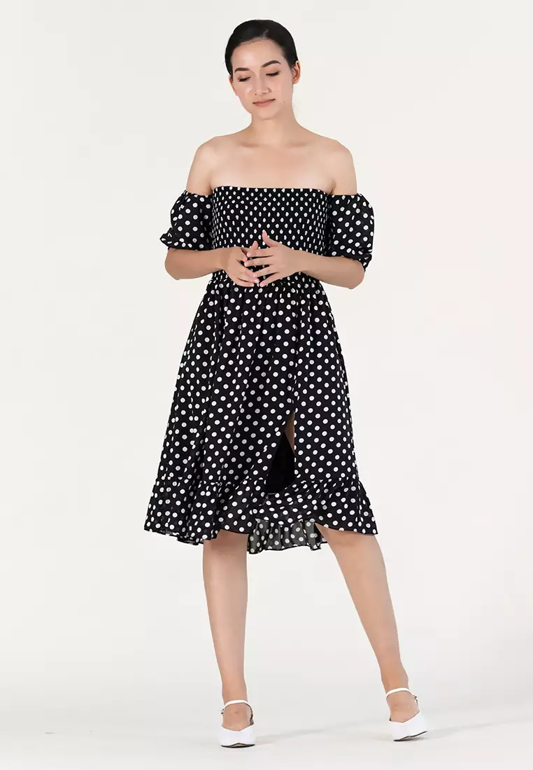 Black and white polka dot dress off the clearance shoulder