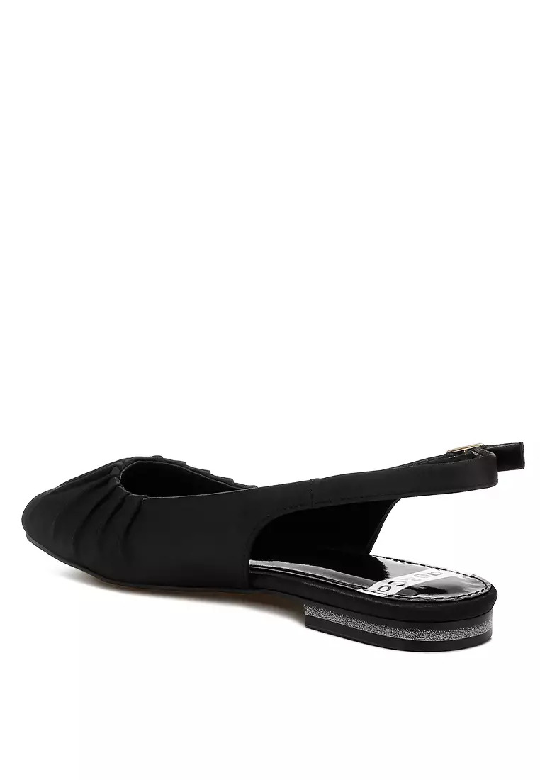 Satin Square Toe Flat Slingback in Black