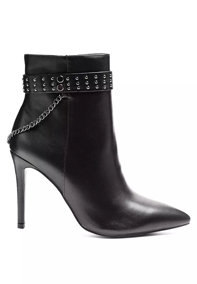 Faux Leather Stud Strap Detail Stiletto Boot in Black