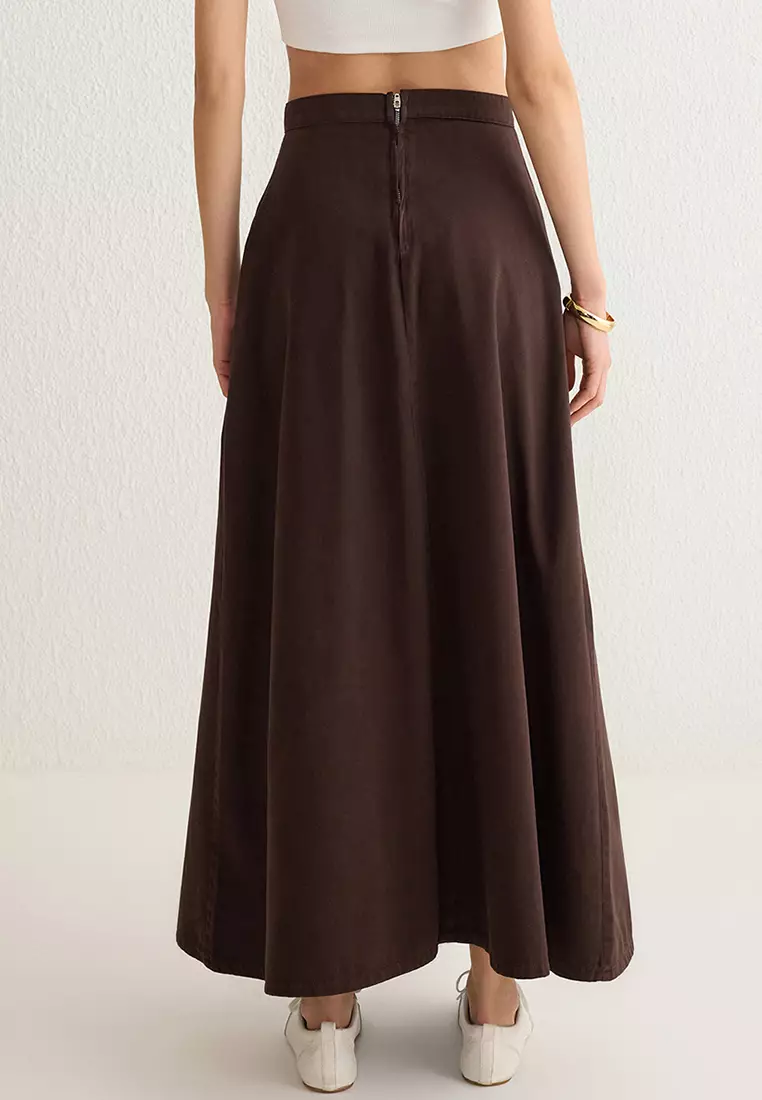 Brown Flounce Maxi Denim Skirt