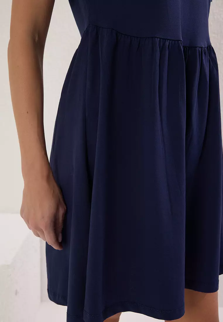 Navy Blue Plain Short / Mini 100% Cotton Skater Knit Dress TWOSS25EL00386