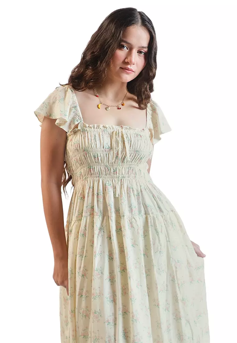 Floral Smocked Maxi Dress with Flutter Sleeves