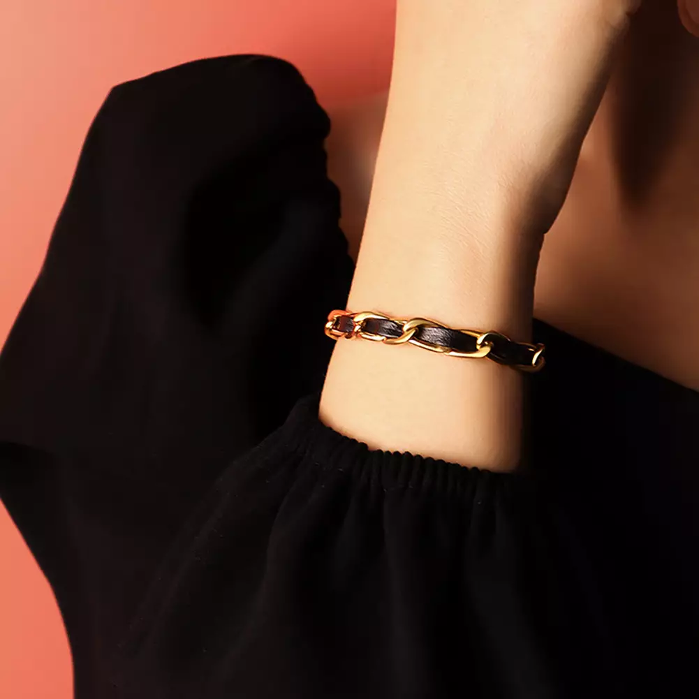 Glamorousky Gelang Tangan Wanita Stainless Steel Chain Leather Bracelet Alicia