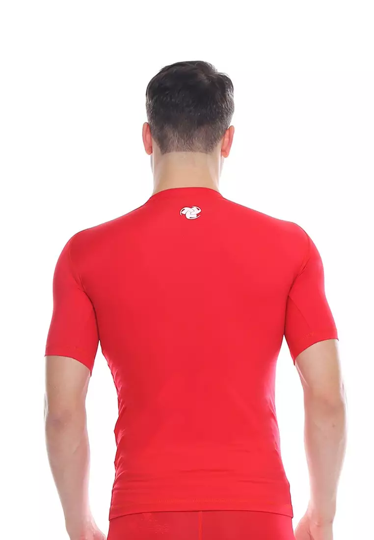 Tiento Man Baselayer Baju Ketat Manset Olahraga Pria Short Sleeve Red Rashguard Sport Original