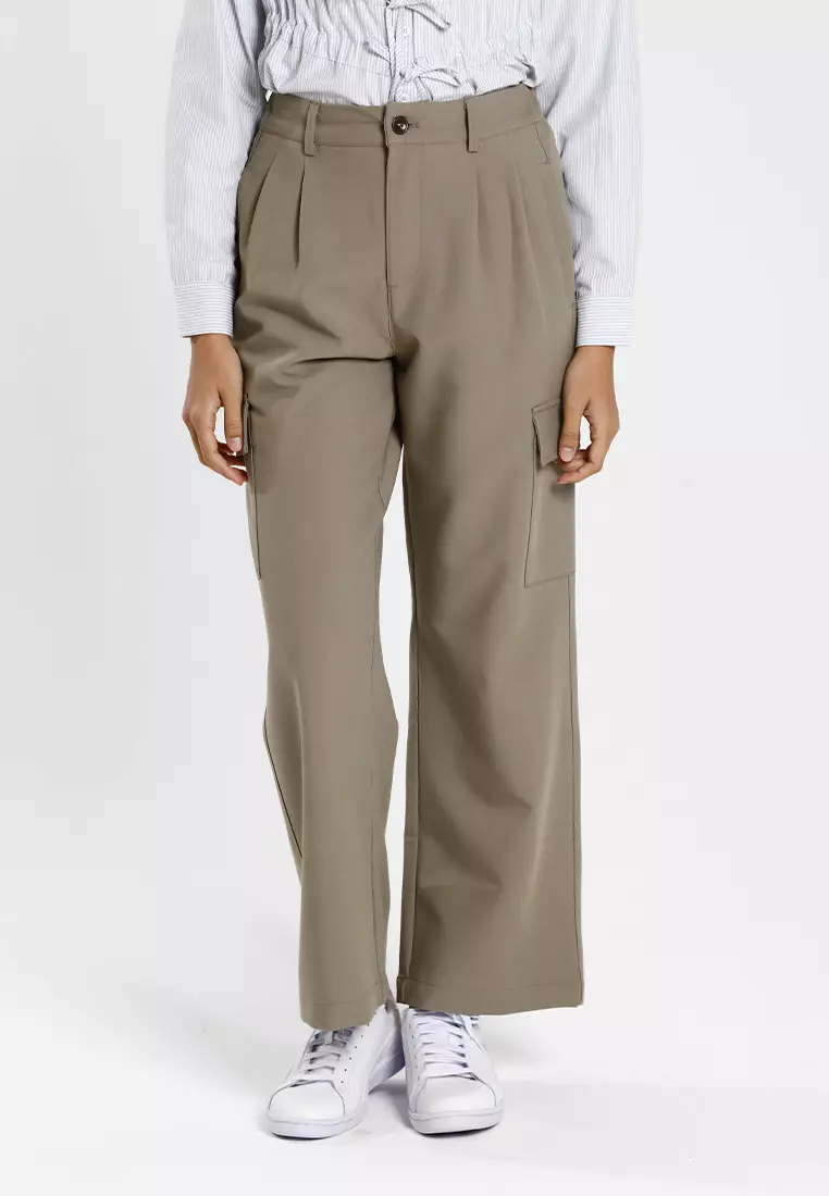 Forest Ladies Pleated Cargo Long Pants Women Wide Leg Pants | Seluar Panjang Perempuan - 810550-14KhakiGreen