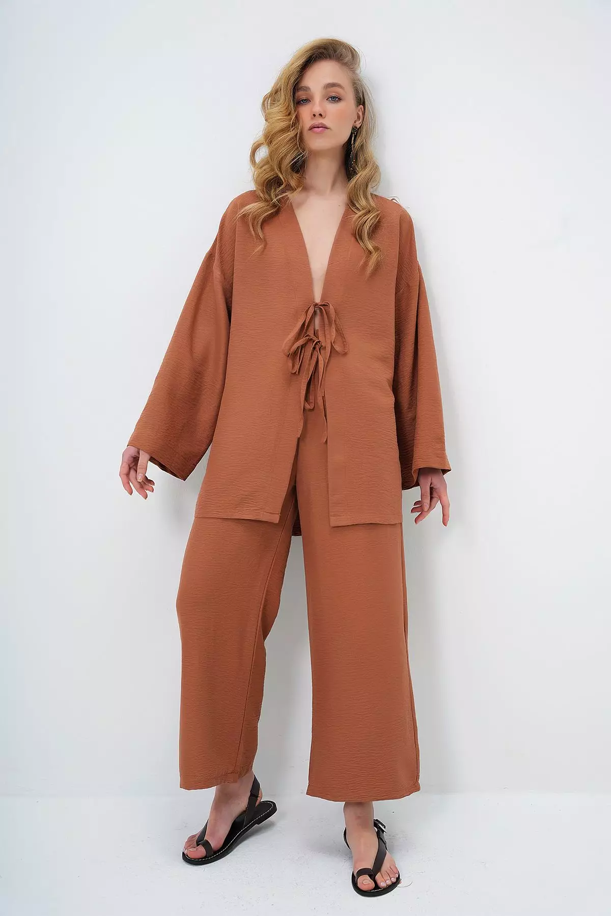 Women's Brown Lace-Up Kimono Jacket And Palazzo Pants Set Alc-X12452
